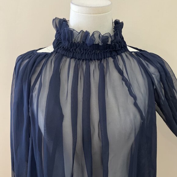Gracia Sheer Ruffled Mini Dress Tunic Size L Navy Oversized Fairy Bridgerton - Picture 3 of 12